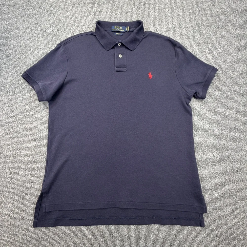 Polo Ralph Lauren Polo Shirt Mens M Navy Blue Custom‎ Fit Red Pony Logo Preppy